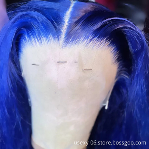 Colourful glueless virgin cuticle aligned lace frontal wigs wholesale 13x6 human hair hd lace front wigs brazilian hair blue wig